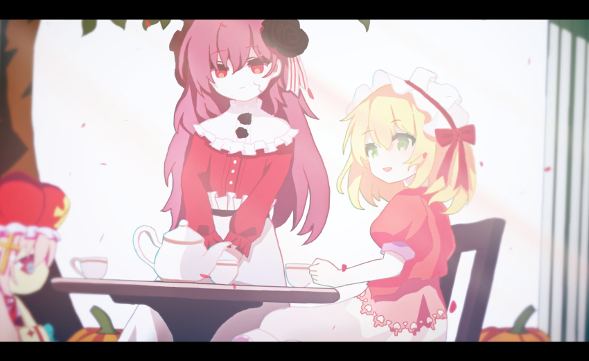 2girls, blonde_hair, bow, crown, cup, dress, egliette, empty_eyes
