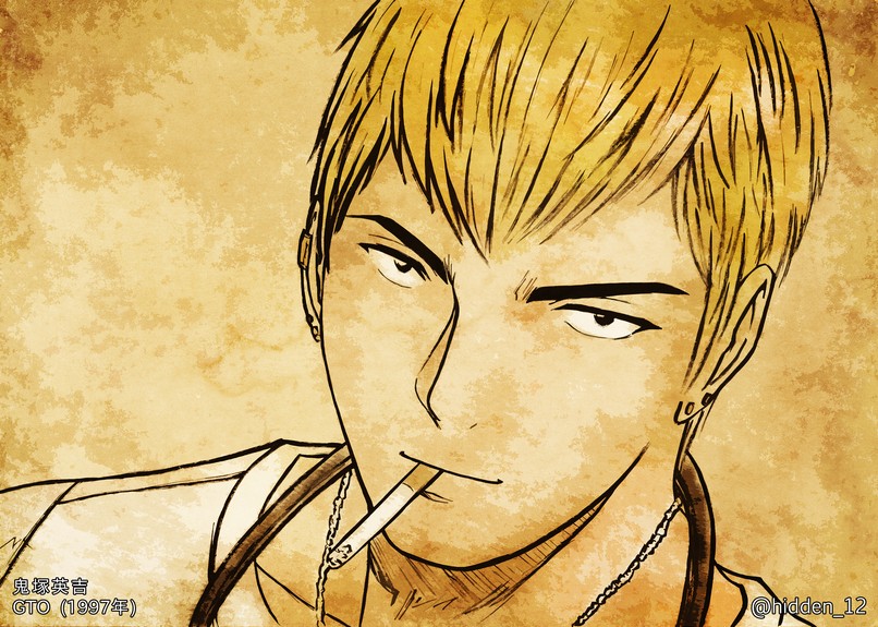 1boy, blonde_hair, chain, cigarette, close-up, commentary_request, earrings, from_above, great_teacher_onizuka, hidden_12, jewelry, light_smile, looking_at_viewer, male_focus, onizuka_eikichi, shirt, short_hair, solo, twitter_username, white_shirt