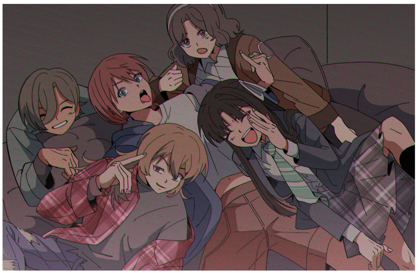 5girls, ^_^, absurdres, awa_subaru, bio_w5, black_hair, black_jacket, black_socks