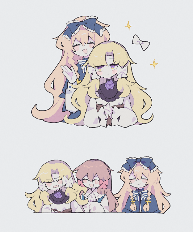 3girls, blonde_hair, bow, brown_hair, cosmicmind, dress, flower, goldia_die_heilige