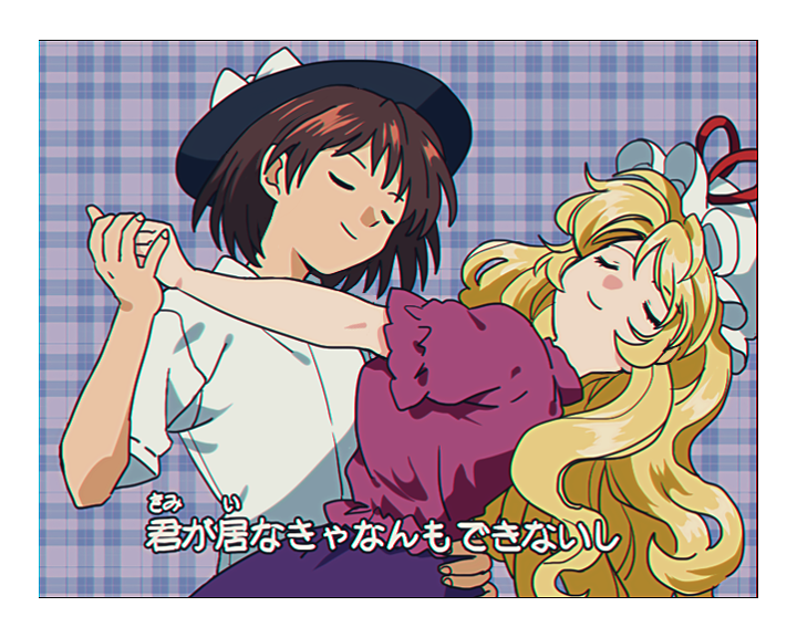 2girls, black_background, black_hat, blouse, bow, closed_eyes, closed_mouth, collared_shirt