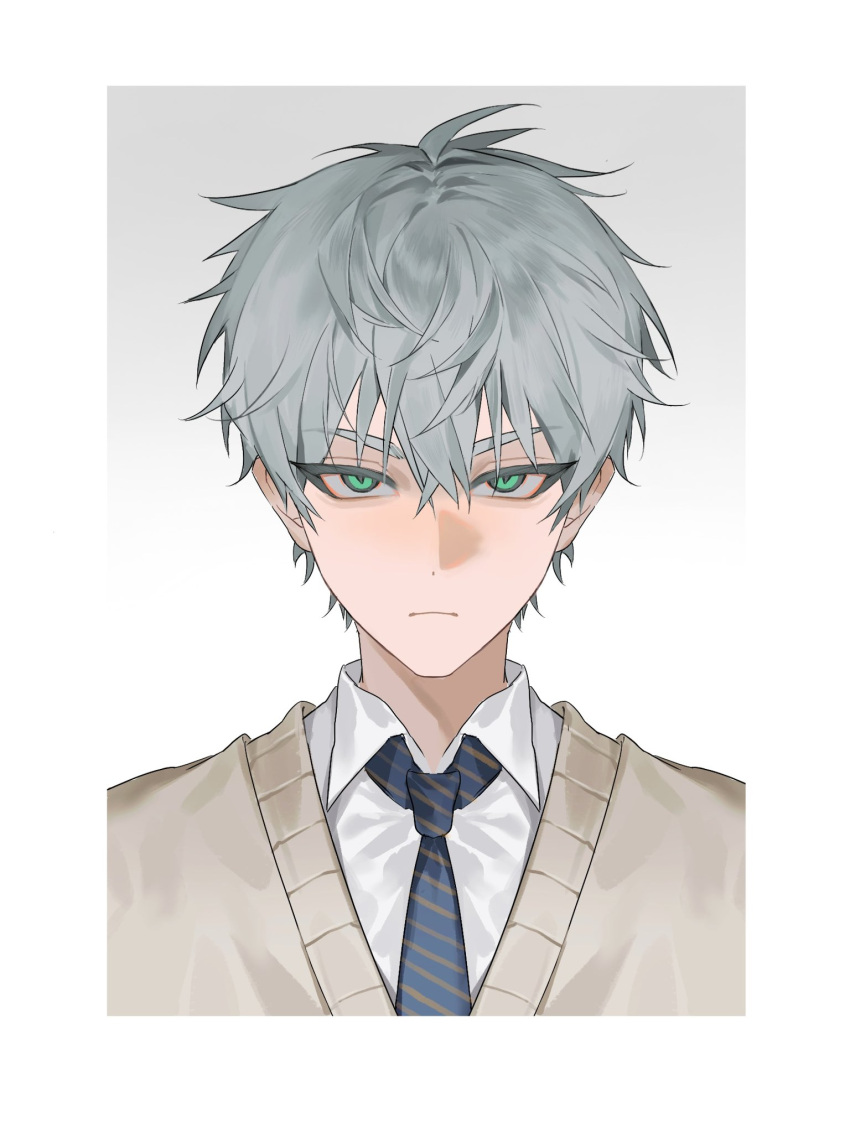 1boy, alien_stage, border, closed_mouth, collared_shirt, gradient_hair, green_eyes, grey_hair