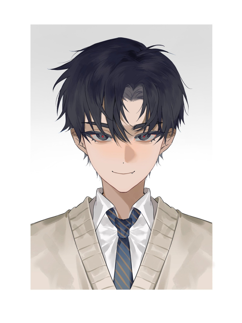 1boy, alien_stage, black_eyes, black_hair, border, collared_shirt, fang, gradient_background
