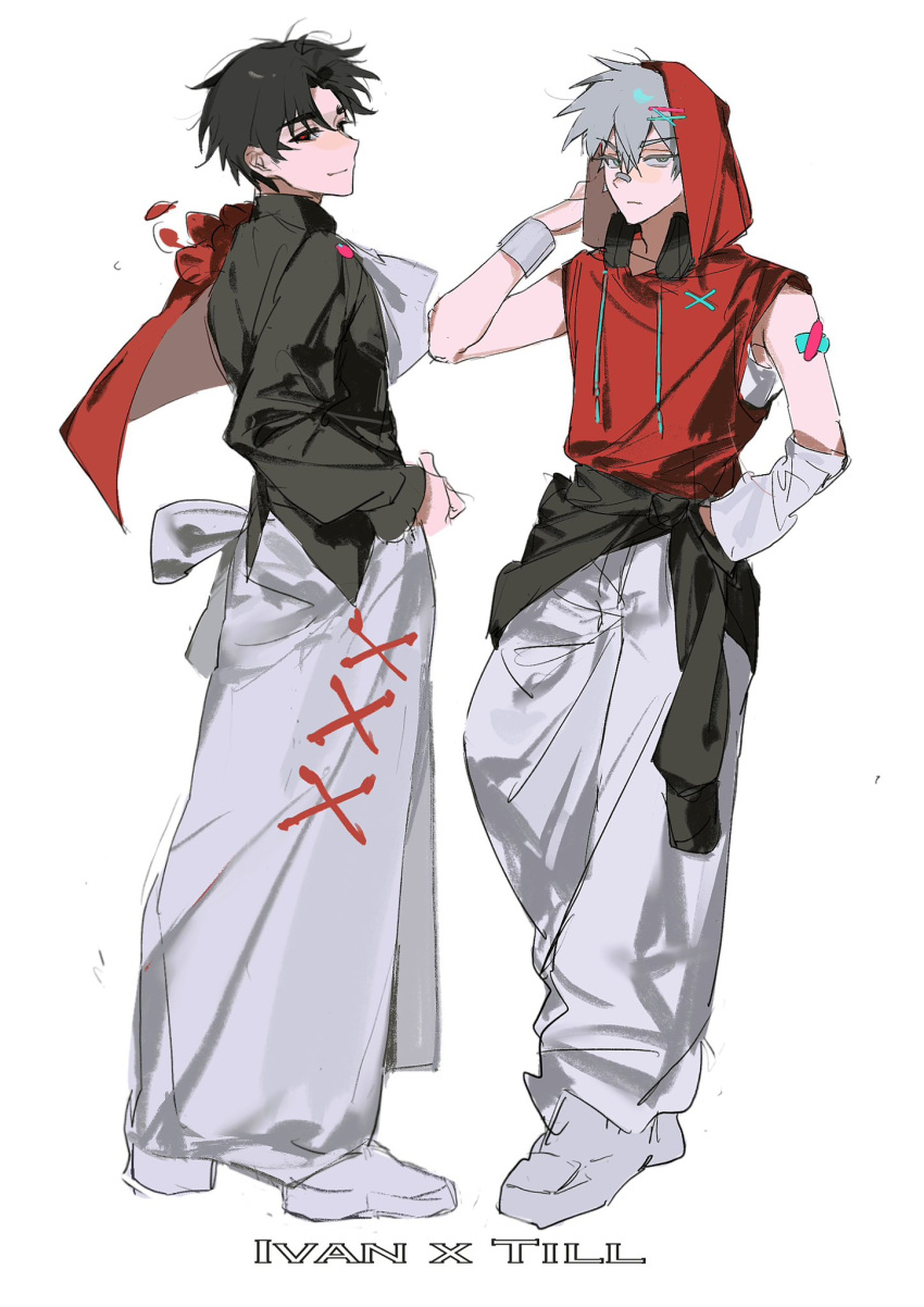 2boys, alien_stage, bell-bottoms, black_eyes, black_hair, black_hoodie, black_shirt, cape