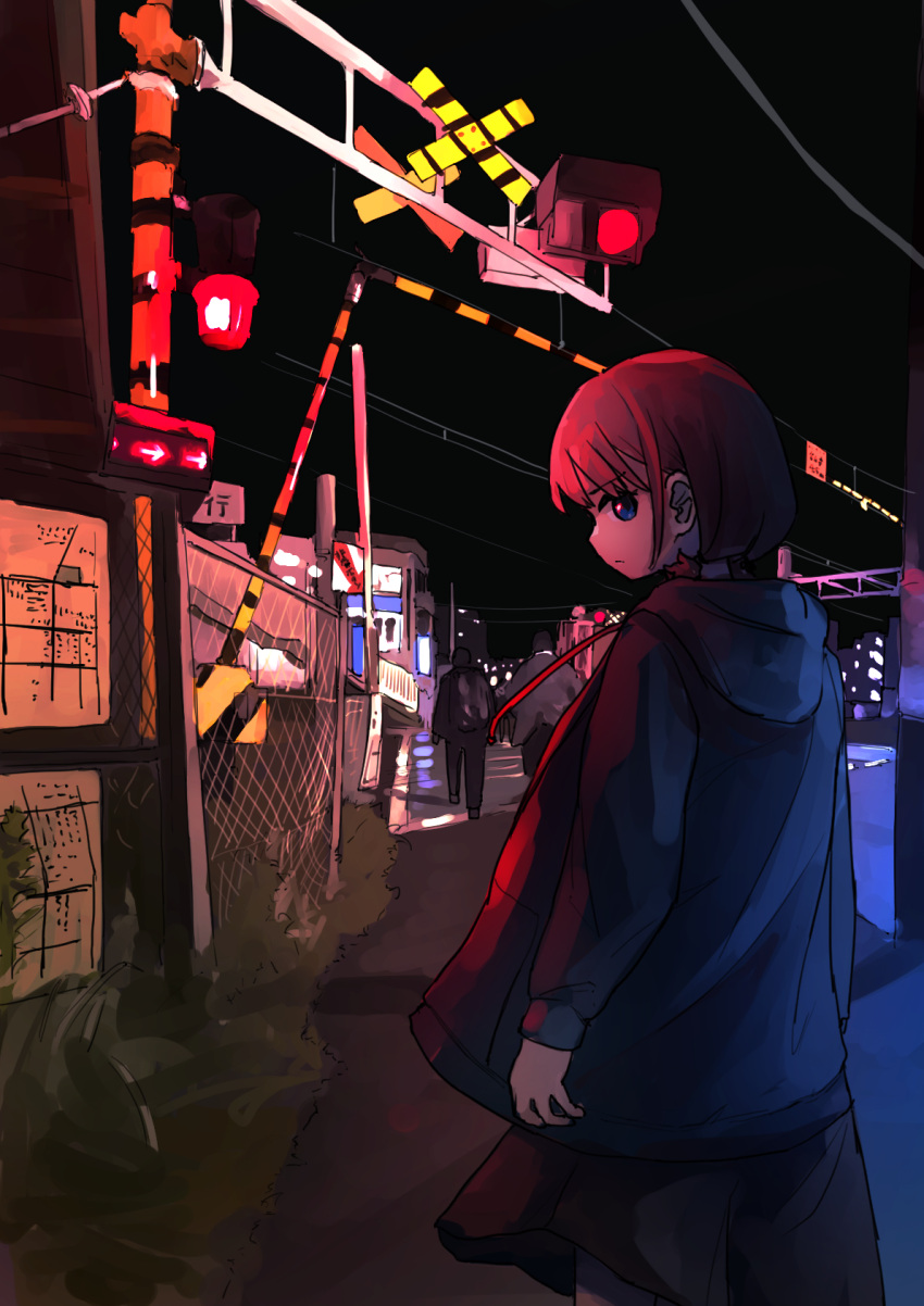 1girl, 2boys, black_skirt, blue_eyes, blue_jacket, brown_hair, closed_mouth, commentary_request