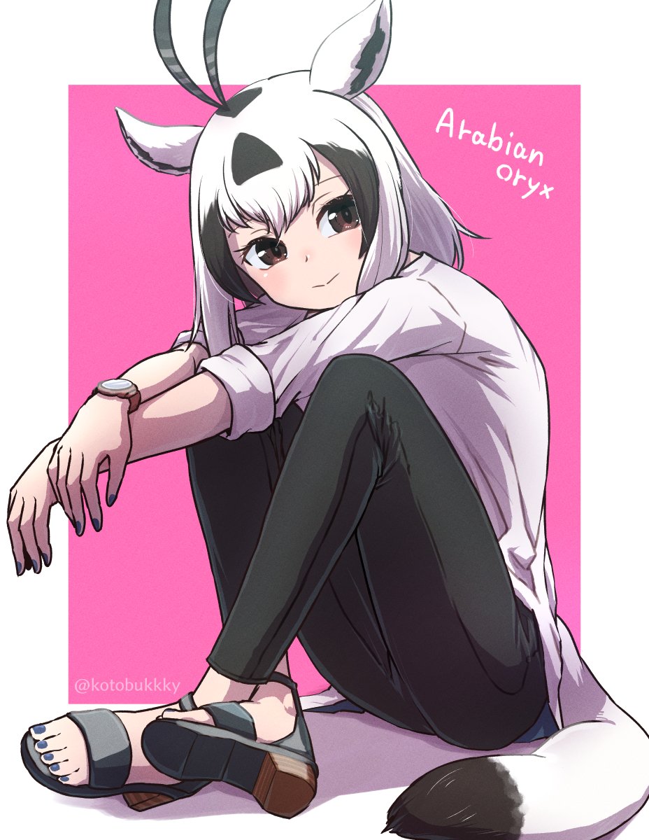 1girl, antelope_ears, antelope_horns, arabian_oryx_(kemono_friends), black_footwear, black_hair, black_pants, blue_nails