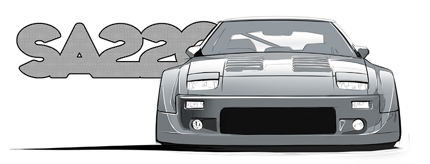 car, dsalni_drawn, english_commentary, greyscale, imsa_gt_championship, mazda, mazda_rx-7, mazda_rx-7_fb, monochrome, motor_vehicle, no_humans, pop-up_headlights, shadow, sports_car, straight-on, vehicle_focus, white_background