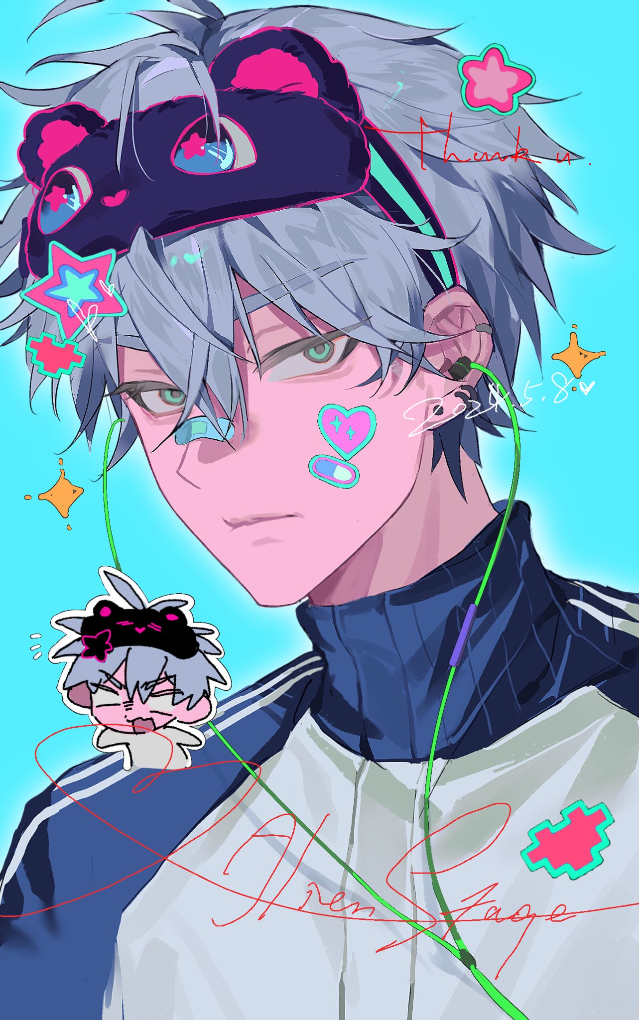 1boy, alien_stage, blue_background, chibi, closed_mouth, earphones, green_eyes, grey_hair