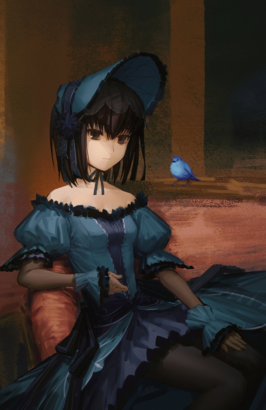 1girl, bird, black_eyes, black_gloves, black_hair, black_pantyhose, blue_bird, blue_bonnet