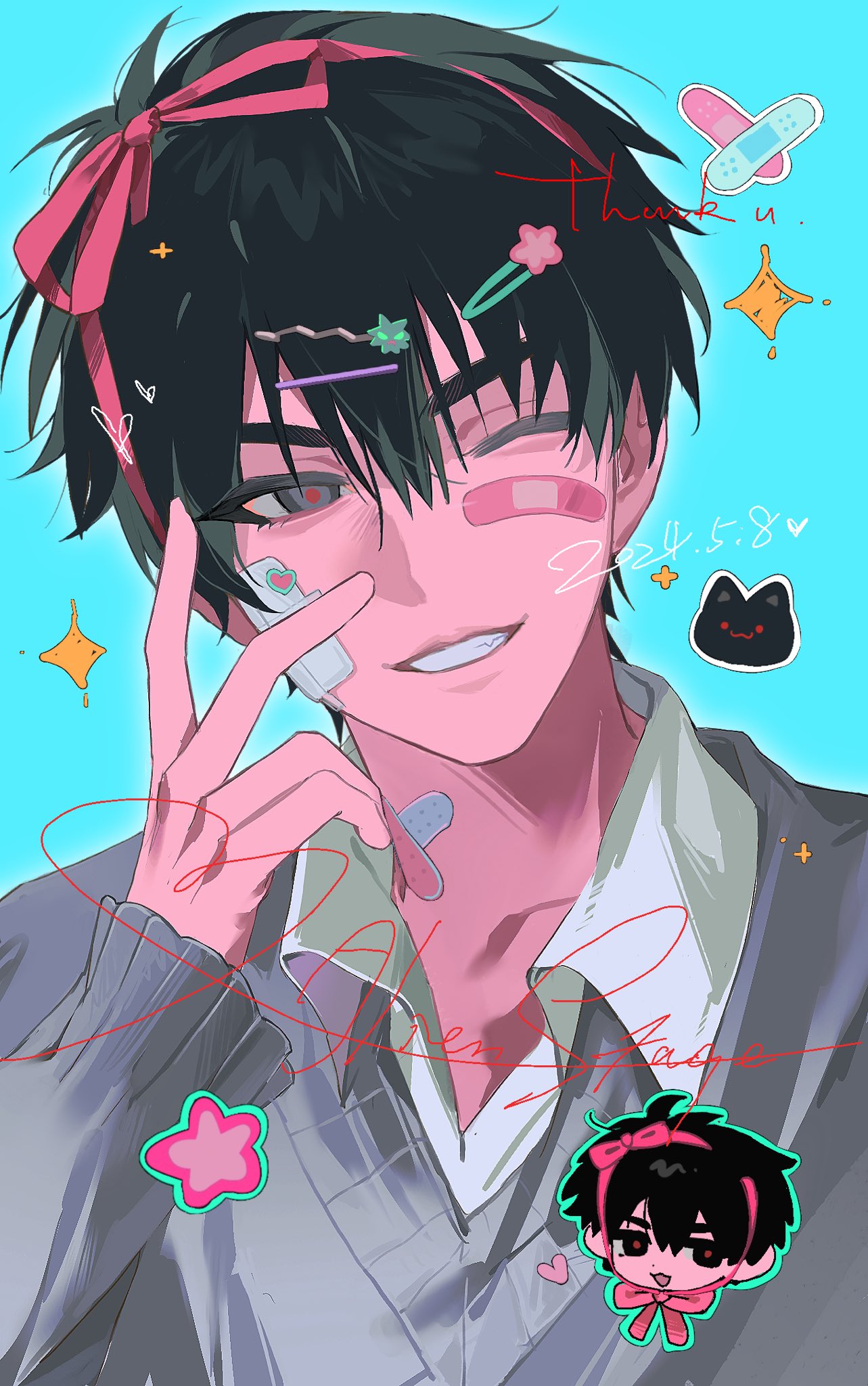 1boy, alien_stage, bandage_on_face, bandages, black_eyes, black_hair, blue_background, chibi, collared_shirt, grey_sweater, hair_ornament, hair_ribbon, highres, ivan_(alien_stage), looking_to_the_side, male_focus, one_eye_closed, paperclip, paperclip_hair_ornament, patch, pink_ribbon, red_pupils, ribbon, shirt, short_hair, simple_background, smile, solo, star_(symbol), sweater, westttt120, white_shirt