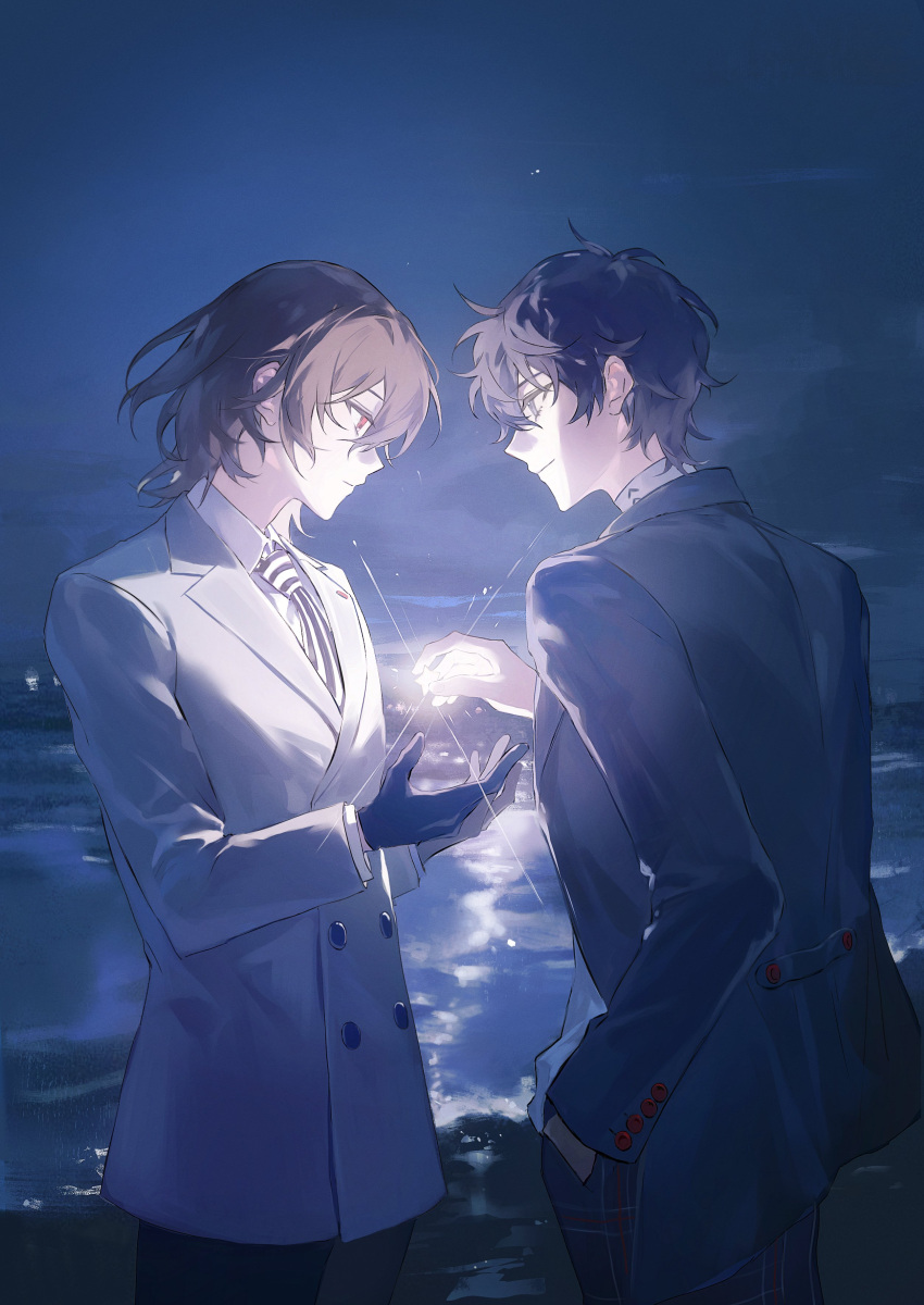 2boys, absurdres, akechi_gorou, amamiya_ren, beach, black_eyes, black_gloves, black_hair