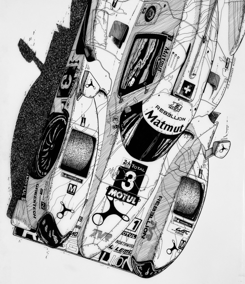 absurdres, car, from_above, grey_background, greyscale, highres, hugh_b._alexander, ink_(medium), le_mans_prototype, michelin, michelin_man, monochrome, motion_blur, motor_vehicle, no_humans, race_vehicle, racecar, rebellion_r-13, rebellion_racing, shadow, sponsor, traditional_media, vehicle_focus, world_endurance_championship