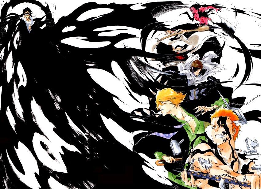 6+boys, abs, absurdres, aizen_sousuke, bald, bankai, battle, beard
