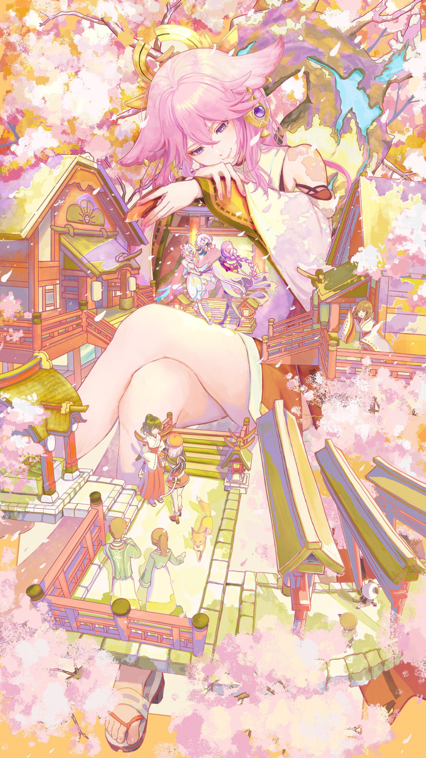 2boys, 6+girls, abstract_background, absurdres, animal_ear_piercing, animal_ears, bare_shoulders, charlotte_(genshin_impact), cherry_blossoms, closed_mouth, crossed_legs, cup, detached_sleeves, fox, fox_ears, genshin_impact, giant, giantess, hair_ornament, head_tilt, highres, holding, holding_cup, inagi_hotomi, japanese_clothes, kano_nana, long_hair, lumine_(genshin_impact), miko, multiple_boys, multiple_girls, nakauma, no_socks, outdoors, paimon_(genshin_impact), pink_hair, pink_nails, raiden_shogun, sakazuki, sandals, sayu_(genshin_impact), shrine, sitting, smile, toes, torii, violet_eyes, wide_sleeves, yae_miko