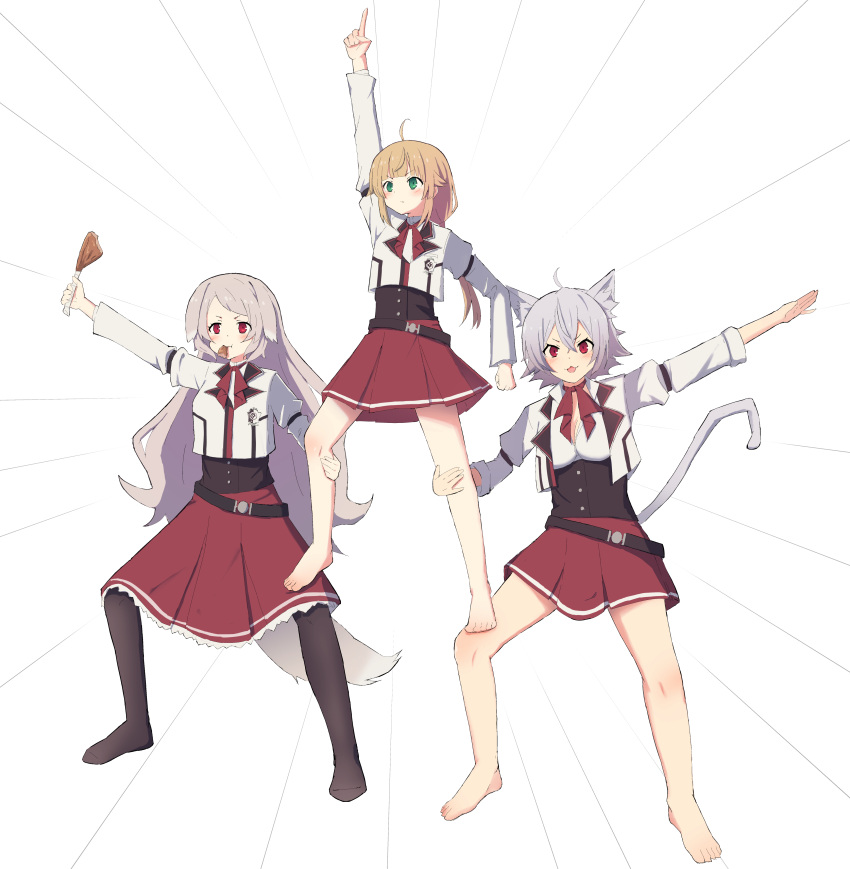 3girls, abichan12345, absurdres, ahoge, barefoot, belt, black_corset, black_thighhighs