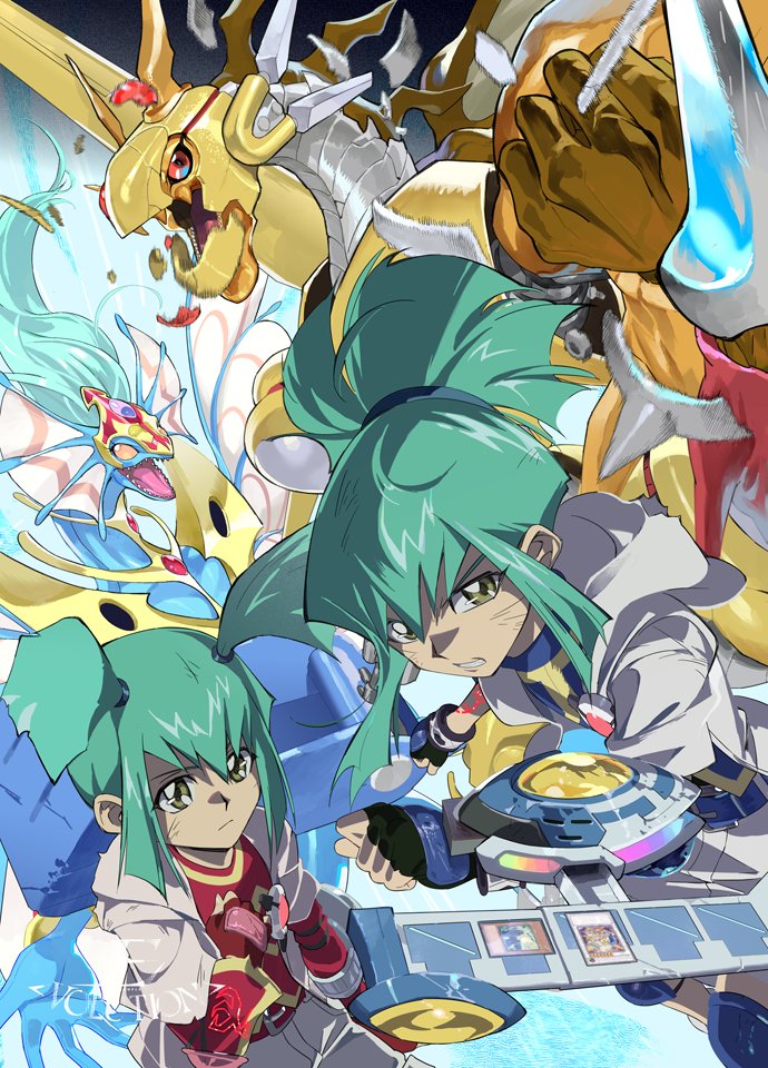 1boy, 1girl, ancient_fairy_dragon, artist_logo, artist_name, black_gloves, blue_jacket, blue_shirt
