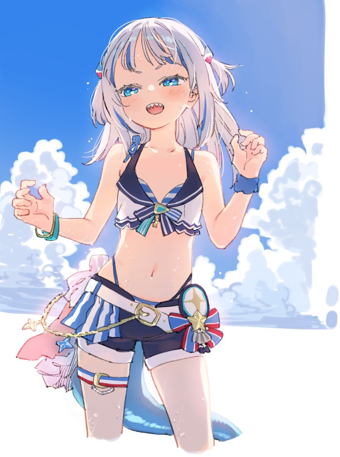alternate_costume, bikini, bikini_under_clothes, black_shorts, blue_bikini, blue_eyes, blue_hair, blush, breasts, clouds, collarbone, cowboy_shot, fins, fish_tail, gawr_gura, hololive, pine_(pine-box), shark_girl, shark_tail, sharp_teeth, shorts, sky, small_breasts, striped_bikini, striped_clothes, swimsuit, tail, teeth, two_side_up, vest, white_bikini, white_vest