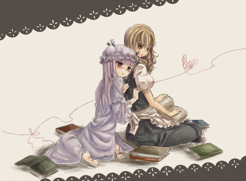 barefoot, blonde_hair, blush, book, bow, braid, cuddle, cuddling