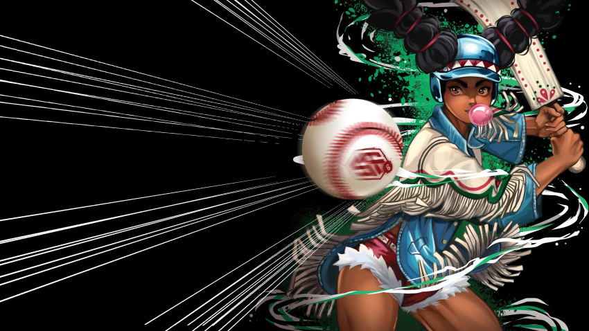 1girl, absurdres, baseball, baseball_cap, baseball_helmet, black_background, black_hair, blowing_bubbles