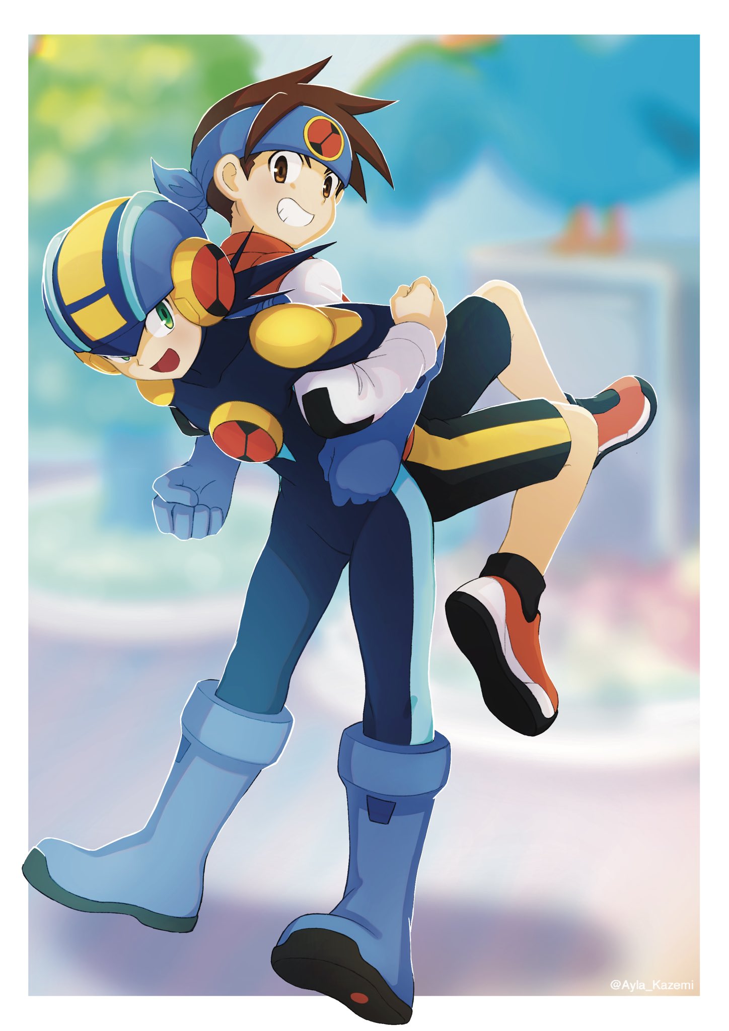 2boys, ayla_kazemi, back-to-back, black_shorts, black_socks, blue_bodysuit, blue_headband, blue_helmet
