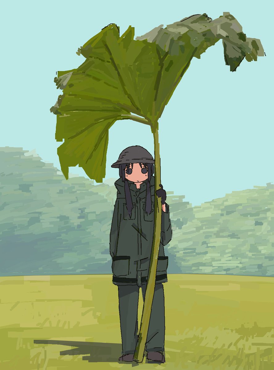1girl, arm_at_side, black_eyes, black_hair, blue_sky, brodie_helmet, brown_footwear, chito_(shoujo_shuumatsu_ryokou)