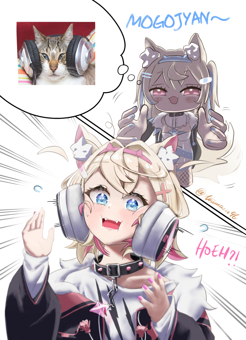 2girls, absurdres, animal_ear_fluff, animal_ears, black_jacket, blonde_hair, blue_hair, blue_hairband, cat, chain, chain_leash, collar, dog_ears, dog_girl, fangs, fishnet_thighhighs, fishnets, fur-trimmed_jacket, fur_trim, fuwawa_abyssgard, hair_ornament, hairband, headphones, highres, hoeh_(meme), hololive, hololive_english, image_in_thought_bubble, jacket, leash, lightning_bolt_print, meme, mococo_abyssgard, multicolored_hair, multiple_girls, open_mouth, pink_eyes, pink_hair, pink_hairband, pink_nails, reference_inset, siblings, sisters, spiked_collar, spikes, thigh-highs, thought_bubble, toumasu96, virtual_youtuber, x_hair_ornament