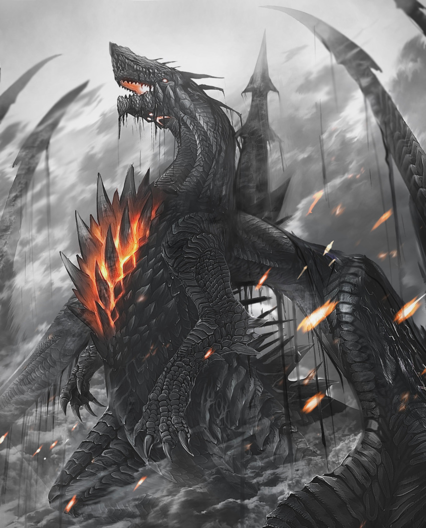 absurdres, black_scales, claws, dragon, dragon_tail, glowing, glowing_eye, glowing_eyes