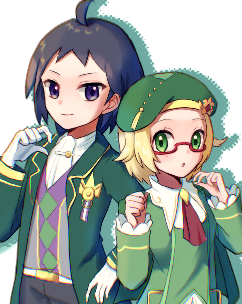 1boy, 1girl, ahoge, alternate_costume, argyle_clothes, ascot, beret, bianca_(champion)_(pokemon)