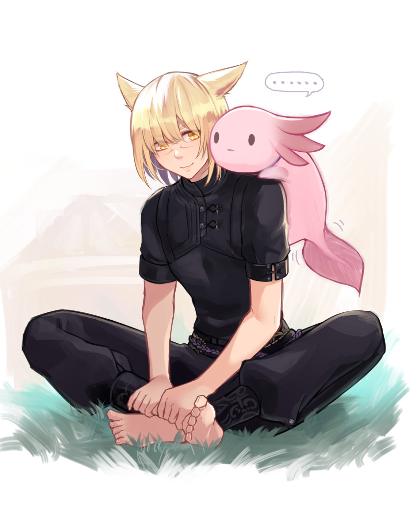 ..., 1boy, animal, animal_ears, animal_on_shoulder, axolotl, barefoot, black_pants