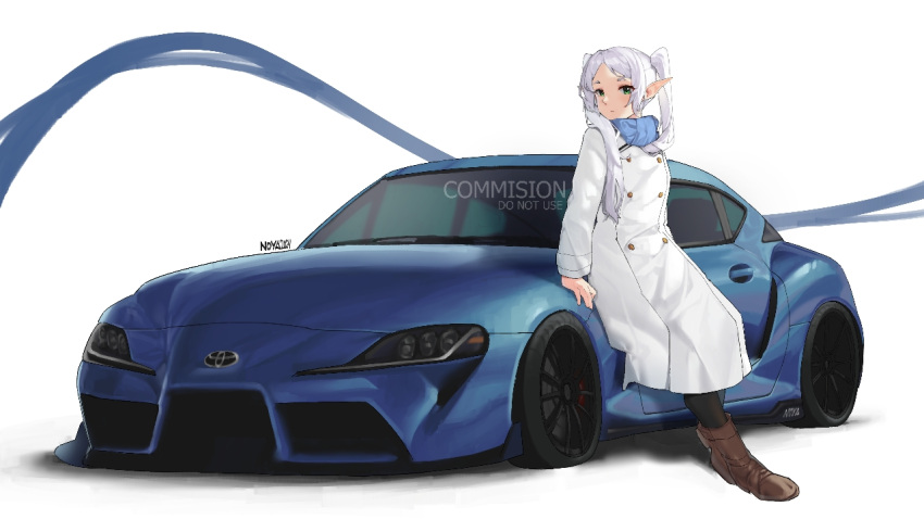 1girl, artist_name, blue_car, blue_scarf, boots, brown_footwear, car, coat, commission, elf, frieren, full_body, green_eyes, grey_hair, looking_at_viewer, motor_vehicle, noya_(no_ya), pantyhose, pointy_ears, scarf, sitting_on_car, solo, sousou_no_frieren, sports_car, toyota, toyota_supra, toyota_supra_mk_v, twintails, white_coat