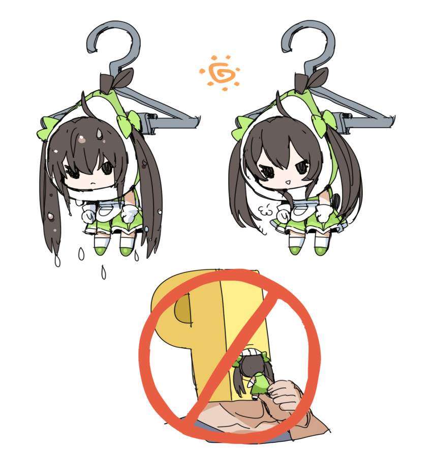 1boy, 1girl, :<, akira_exhale, black_eyes, black_hair, bow, cannibalism, chibi, clothes_hanger, commentary_request, dripping, drying, food_costume, frown, green_bow, green_footwear, green_skirt, hanging, highres, holding_chibi, idolmaster, idolmaster_cinderella_girls, jitome, matoba_risa, no_symbol, p-head_producer, pear_slice, producer_(idolmaster), simple_background, skirt, socks, spawnfoxy, sun_symbol, teeth, triangle_mouth, twintails, white_background, white_socks