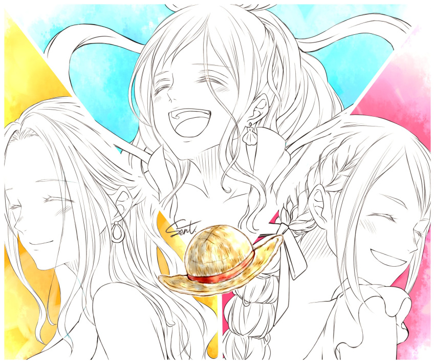 3girls, ^_^, blue_background, closed_eyes, closed_mouth, commentary_request, dress, earrings