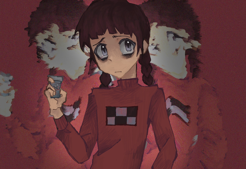 braid, highres, madotsuki, odinnathdsath, pink_sweater, print_sweater, rpg_maker, sweater, turtleneck, turtleneck_sweater, unusually_open_eyes, yume_nikki