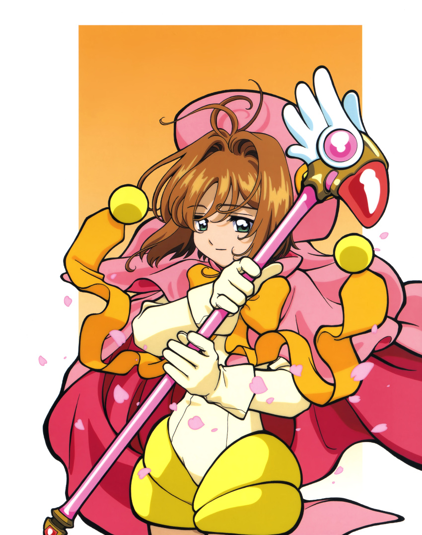 1990s_(style), 1girl, absurdres, antenna_hair, bow, brown_hair, cape, capelet, cardcaptor_sakura, closed_mouth, cowboy_shot, expressionless, fuuin_no_tsue, gloves, green_eyes, hair_intakes, hat, highres, holding, holding_wand, kinomoto_sakura, kinomoto_sakura_(final_judgment_costume), leotard, looking_to_the_side, magical_girl, official_art, orange_background, orange_bow, petals, pink_cape, pink_capelet, pink_hat, pink_petals, red_cape, retro_artstyle, scan, short_hair, simple_background, solo, standing, takahashi_kumiko, two-sided_cape, two-sided_fabric, wand, white_gloves, white_leotard