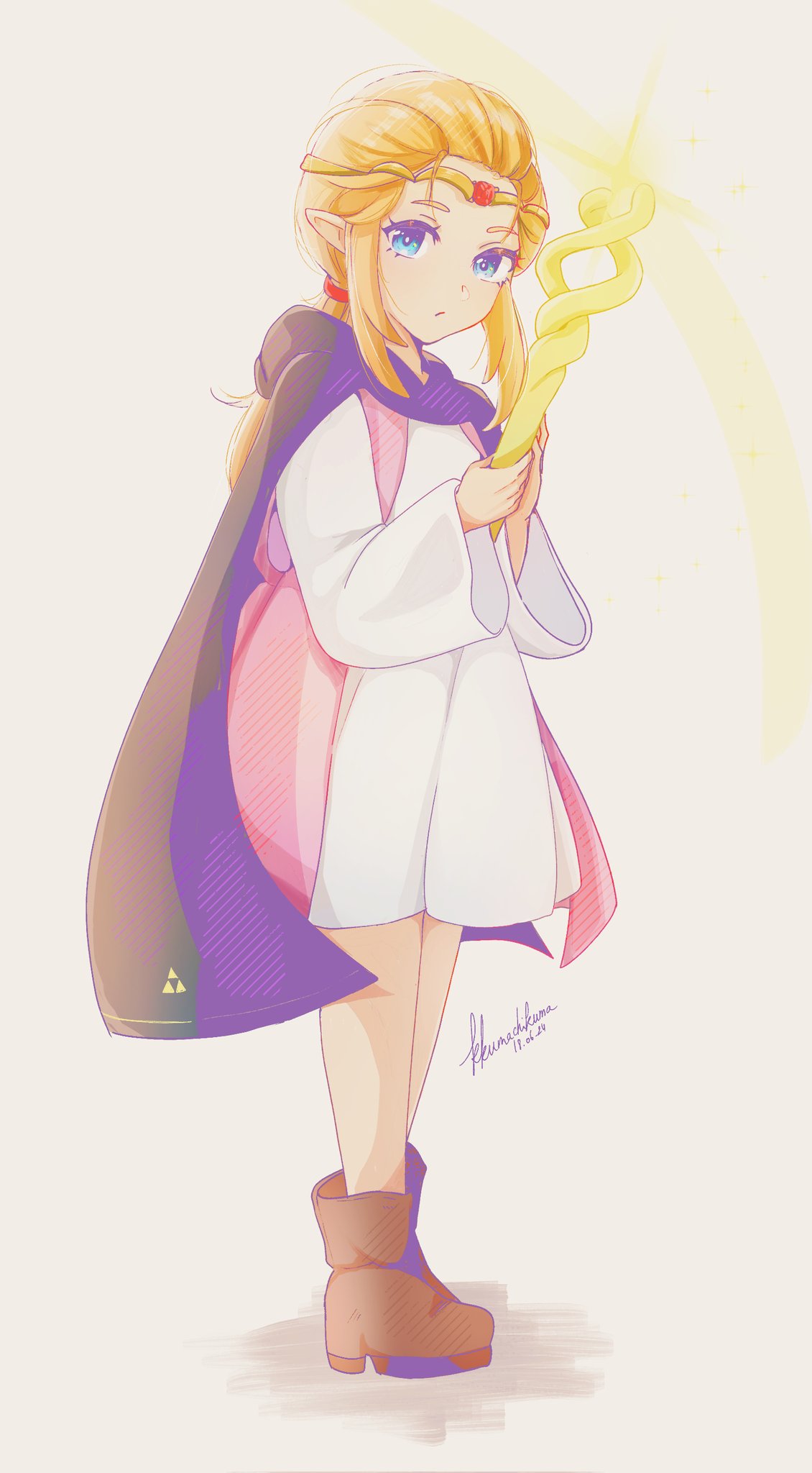 1girl, black_cloak, blonde_hair, blue_eyes, boots, brown_footwear, cloak, gold_circlet