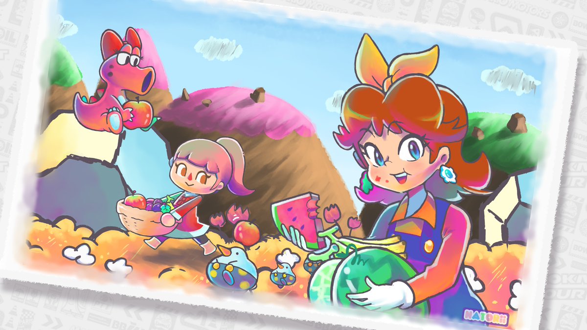 animal_crossing, apple, artist_name, basket, birdo, blue_eyes, blue_overalls, blue_sky