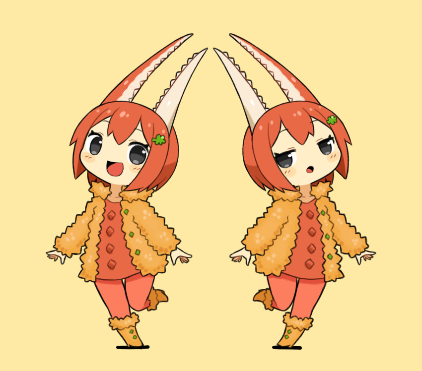 2girls, black_eyes, boots, crab_claw, derurago, food, full_body, hair_ornament