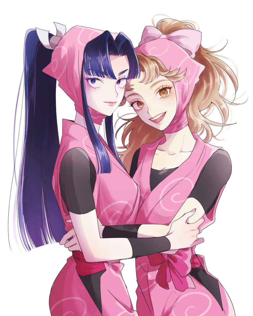 2girls, black_bodysuit, blonde_hair, blue_eyes, blue_hair, bodysuit, closed_mouth, commentary_request