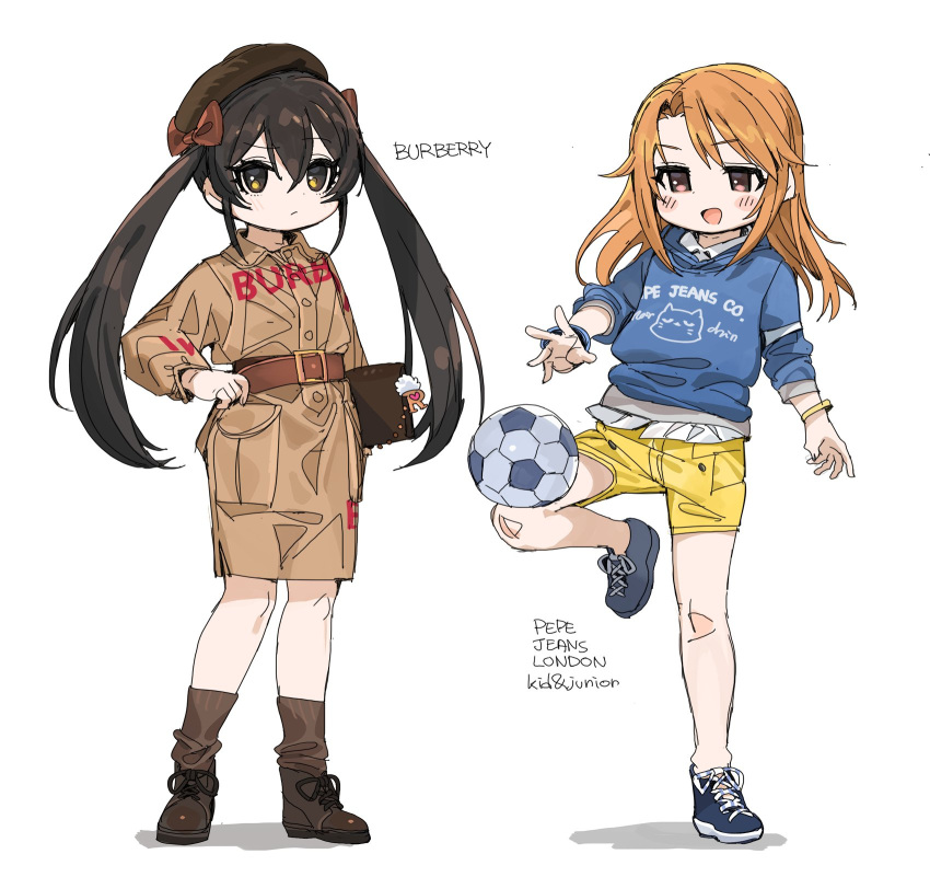 2girls, bag, ball, belt, beret, black_hair, blue_bracelet, blue_sweater