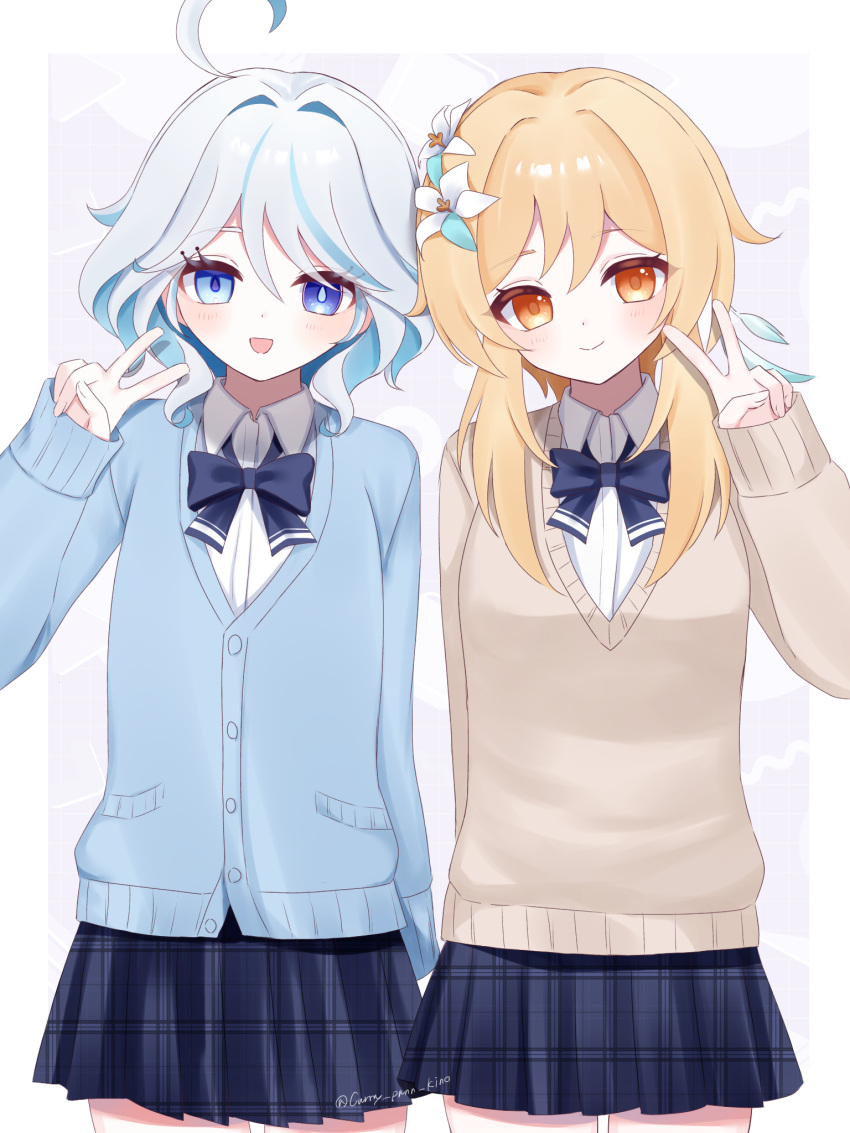 2girls, ahoge, blonde_hair, blue_bow, blue_cardigan, blue_eyes, blue_hair, border, bow, brown_sweater, cardigan, commentary_request, drop-shaped_pupils, eyelashes, flower, furina_(genshin_impact), genshin_impact, gradient_background, hair_between_eyes, hair_flower, hair_ornament, hand_up, heterochromia, highres, kino_(curry_pan), light_blush, looking_at_viewer, lumine_(genshin_impact), miniskirt, multiple_girls, orange_eyes, plaid, plaid_skirt, pleated_skirt, shirt, short_hair_with_long_locks, simple_background, skirt, sleeves_past_wrists, sweater, symbol-shaped_pupils, thigh_gap, twitter_username, v, v-neck, white_border, white_flower, white_hair, white_shirt