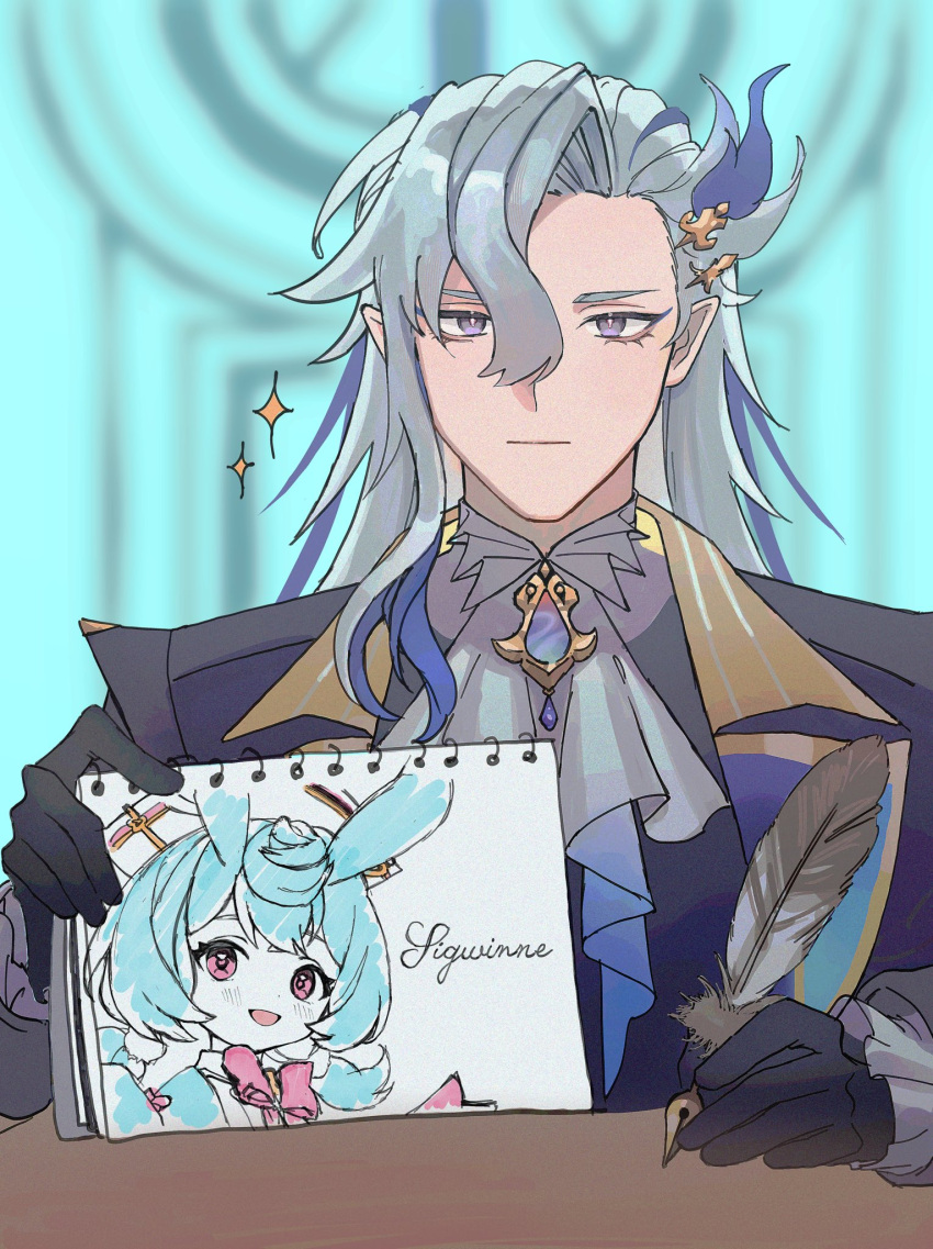 1boy, ascot, black_gloves, black_jacket, black_vest, blue_eyeshadow, blue_gemstone, blue_hair