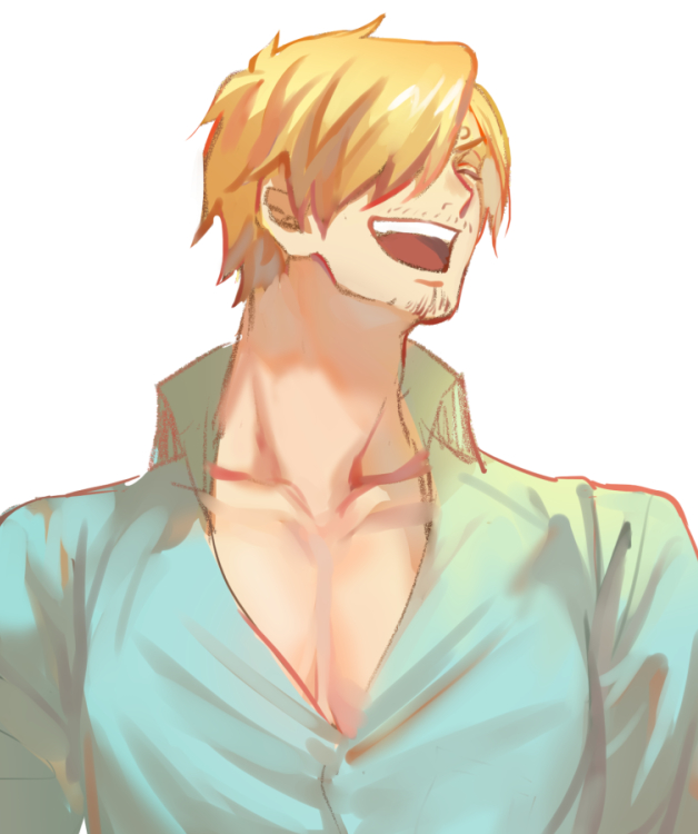 1boy, ^_^, blonde_hair, blue_shirt, closed_eyes, collared_shirt, commentary_request, curly_eyebrows, facial_hair, goatee, hair_over_one_eye, male_focus, mustache, one_piece, open_mouth, sanji_(one_piece), shiba44469, shirt, short_hair, simple_background, solo, teeth, upper_body, upper_teeth_only, white_background
