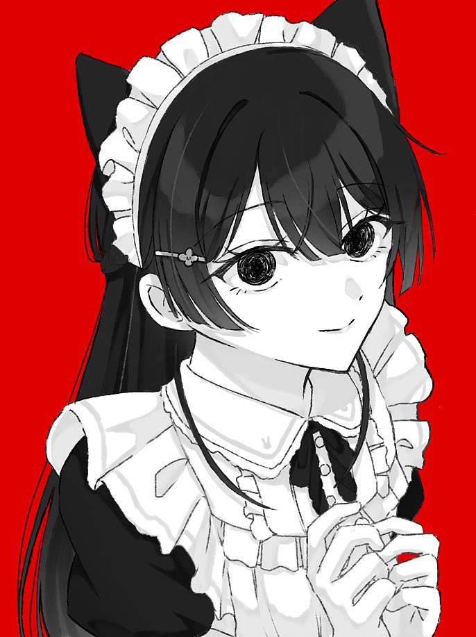 1girl, animal_ears, apron, cat_ears, center_frills, chikyuu_no_ura_(cevio), closed_mouth, collared_shirt