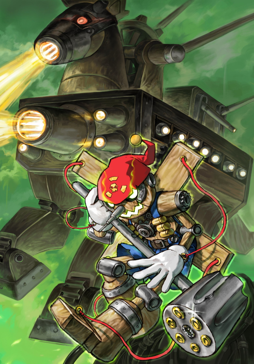 ancienttroiamon, digimon, digimon_(creature), drum_magazine, evolutionary_line, hammer, hat, highres