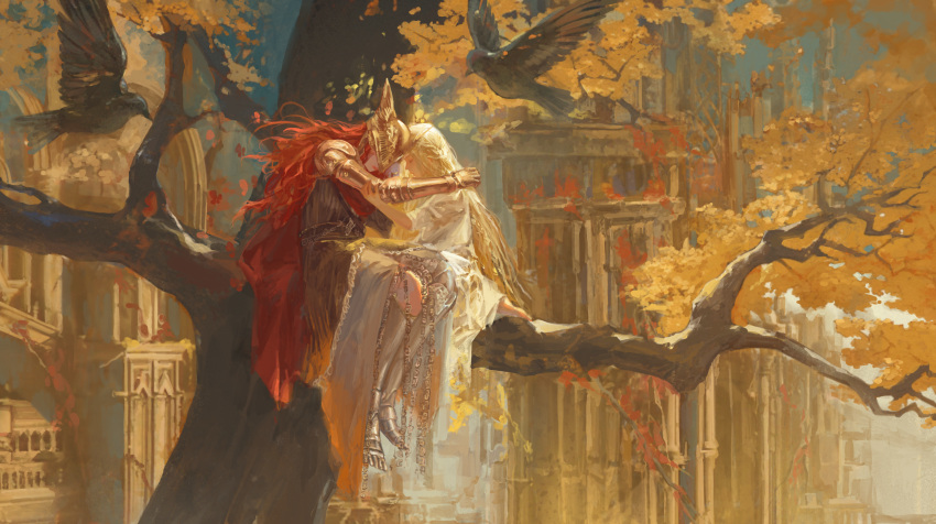 1boy, 1girl, affectionate, androgynous, autumn_leaves, bird, blonde_hair, brother_and_sister