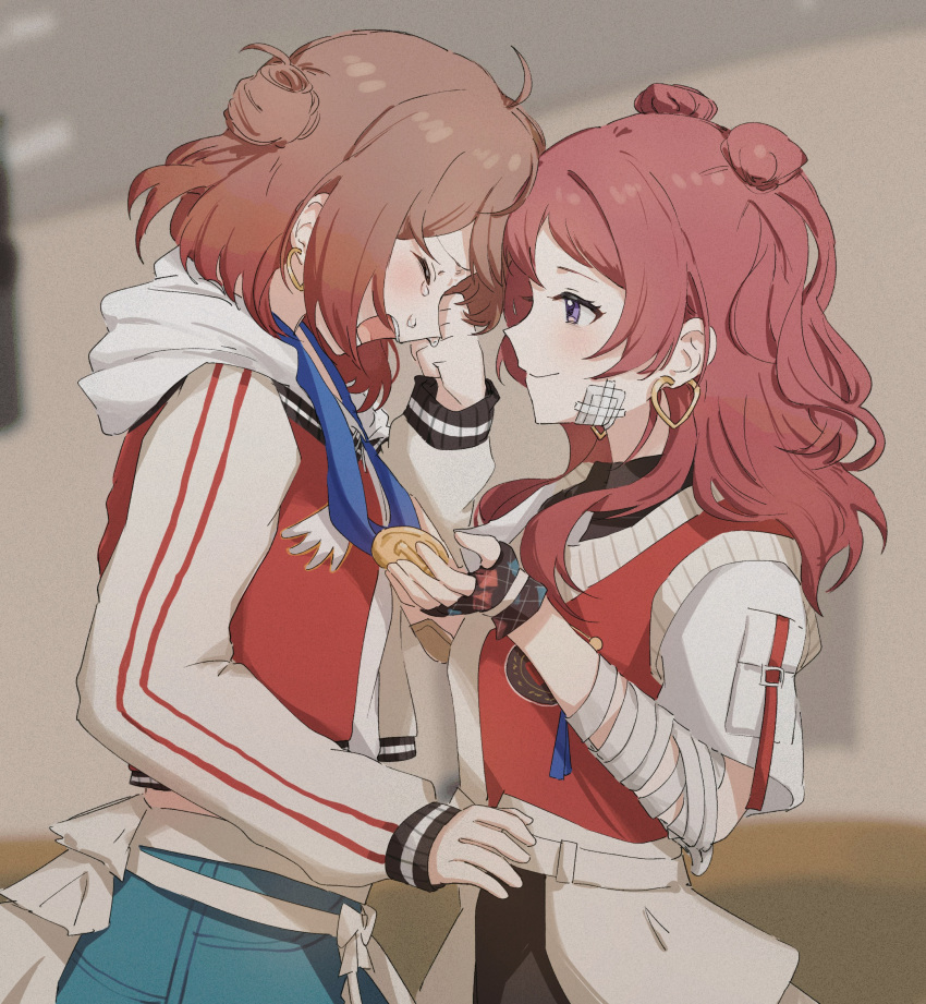 2girls, absurdres, bandaged_arm, bandages, blurry, blurry_background, blush, brown_hair