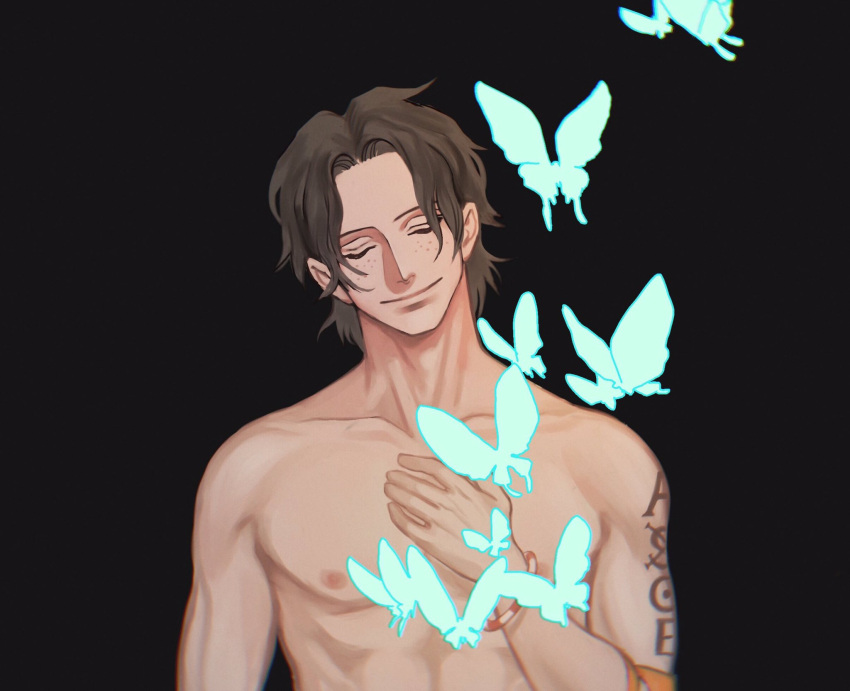 1boy, arm_tattoo, black_background, black_hair, bug, butterfly, closed_eyes, closed_mouth, commentary, elbow_pads, freckles, hand_on_own_chest, highres, insect_candy, one_piece, portgas_d._ace, short_hair, simple_background, single_elbow_pad, smile, solo, symbol-only_commentary, tattoo, topless_male, upper_body