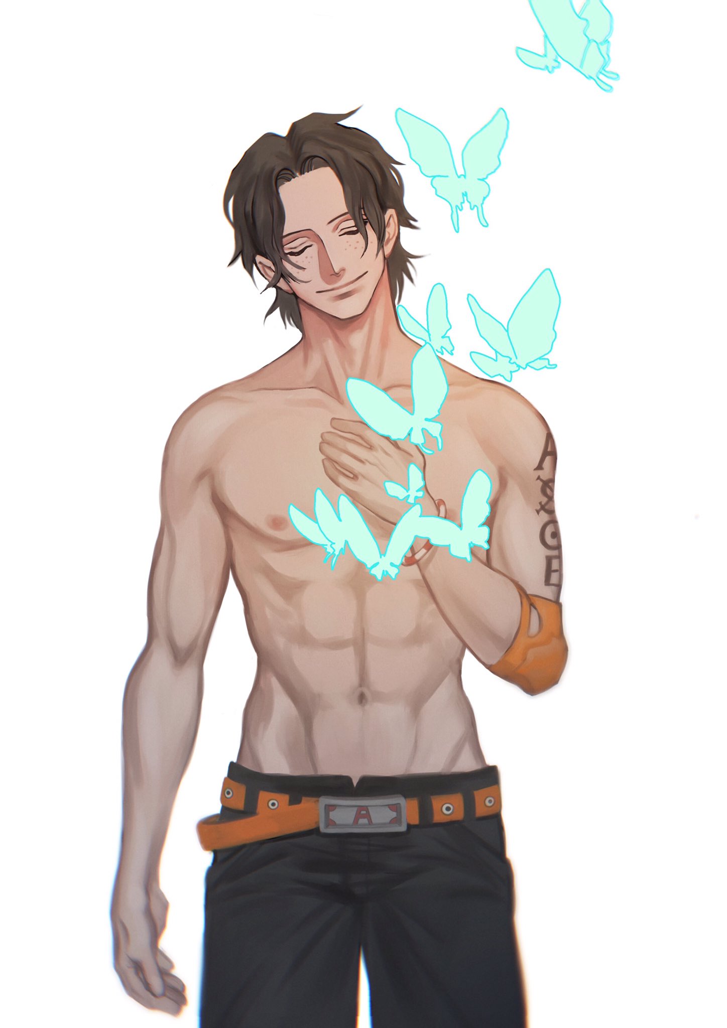 1boy, abs, arm_tattoo, belt, black_shorts, bracelet, bug, butterfly, chromatic_aberration, closed_eyes, closed_mouth, commentary, cowboy_shot, elbow_pads, freckles, hand_on_own_chest, highres, insect_candy, jewelry, male_focus, one_piece, orange_belt, portgas_d._ace, shorts, simple_background, single_elbow_pad, smile, solo, symbol-only_commentary, tattoo, topless_male, white_background