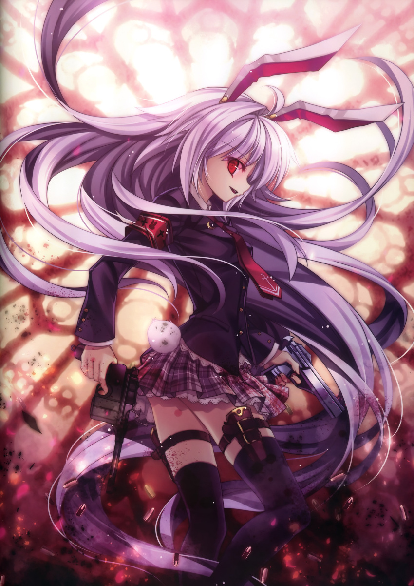 animal_ears, black_legwear, black_thighhighs, blazer, bullet, bunny_ears, bunny_tail, capura.l, capura_lin, dual_wielding, gun, handgun, highres, long_hair, necktie, purple_hair, rabbit_ears, red_eyes, reisen_udongein_inaba, solo, tail, thigh-highs, thighhighs, touhou, weapon