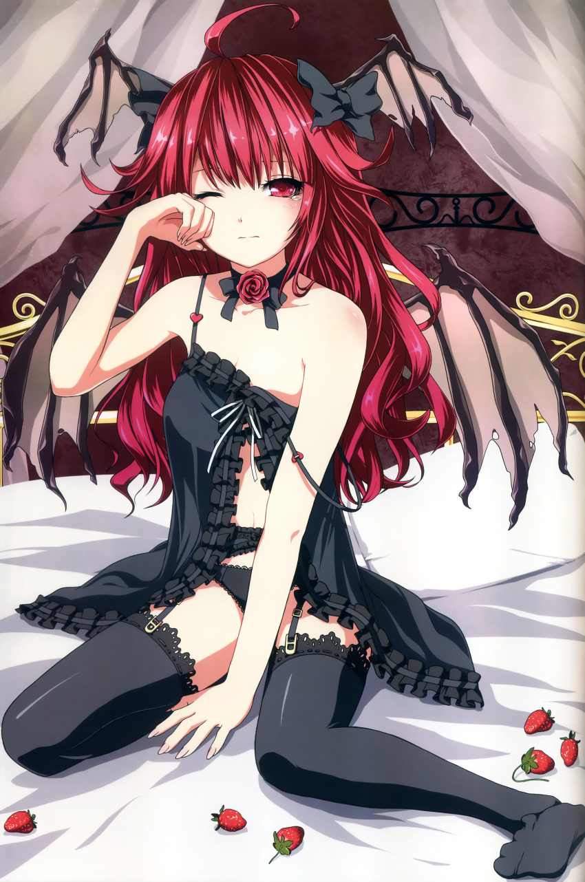 ahoge, babydoll, bare_shoulders, bat_wings, black_legwear, black_panties, black_thighhighs, choker
